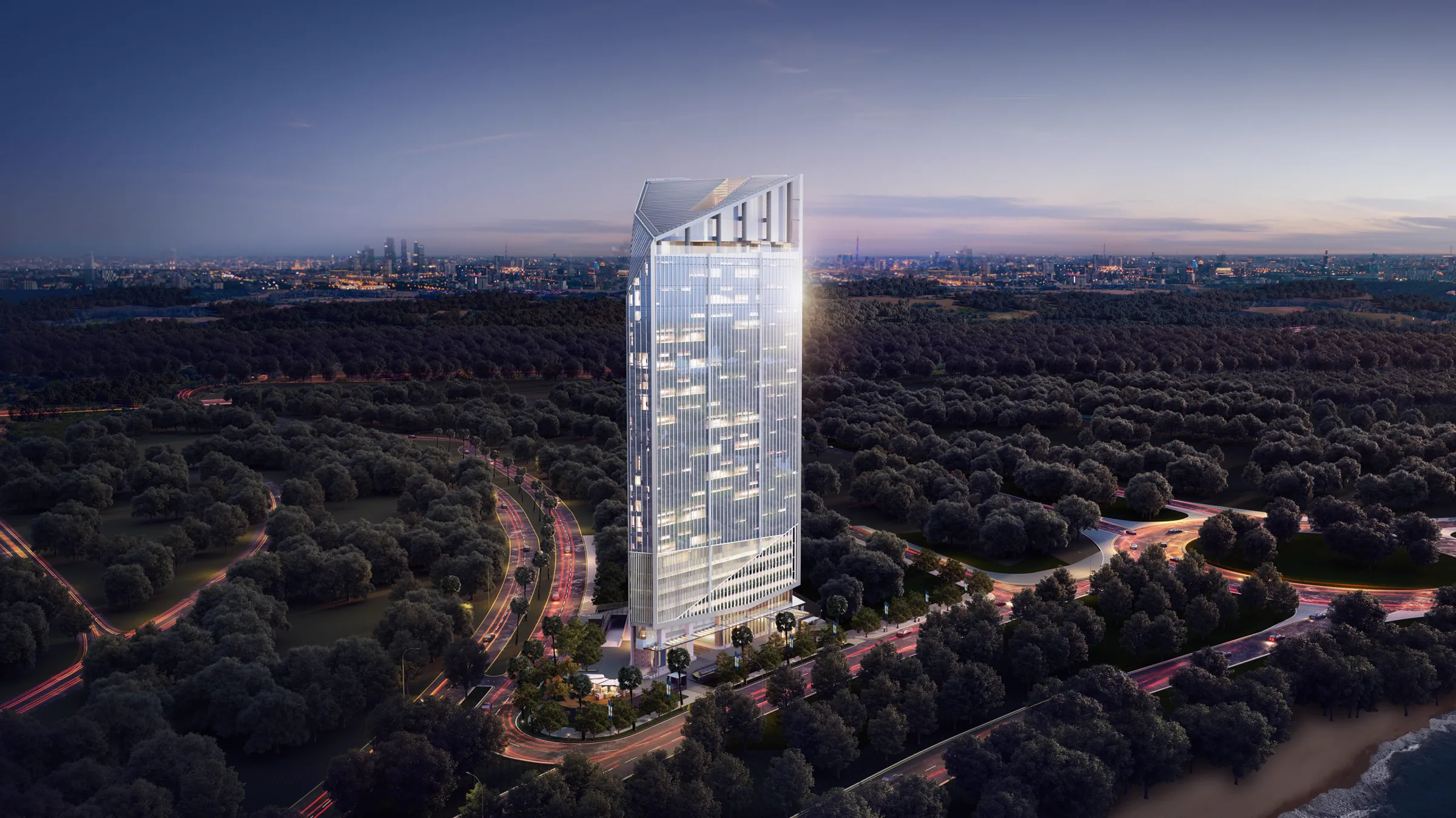 Rendering of The Ark tower at dusk, surrounded by greenery and curving roads