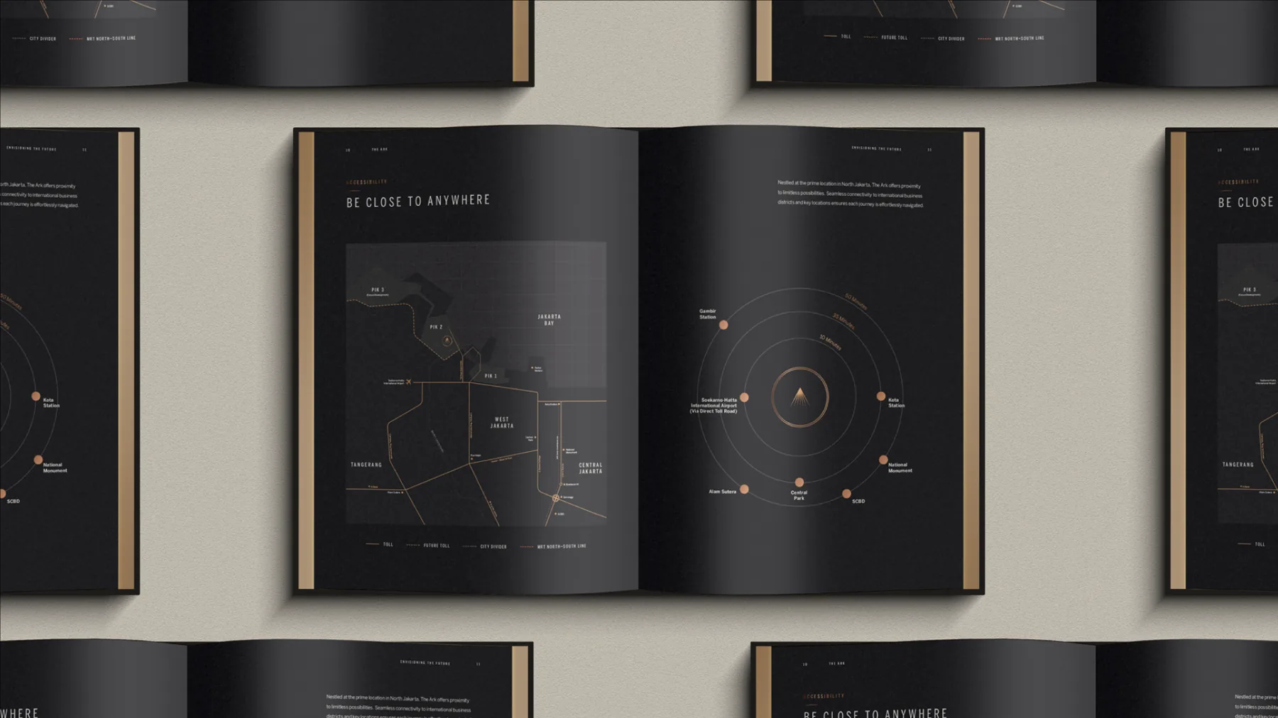 Brochure spreads with a location map and connection diagrams