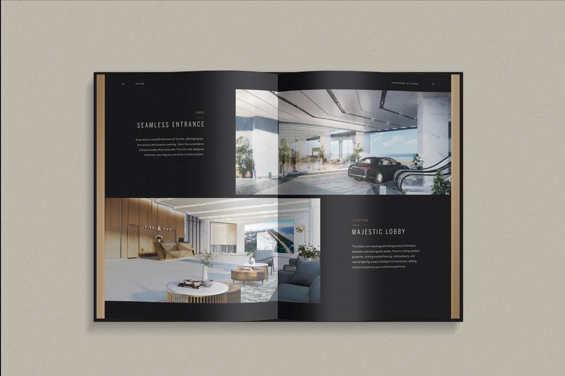 Brochure spread “Seamless Entrance” and “Majestic Luxury” with lobby renders