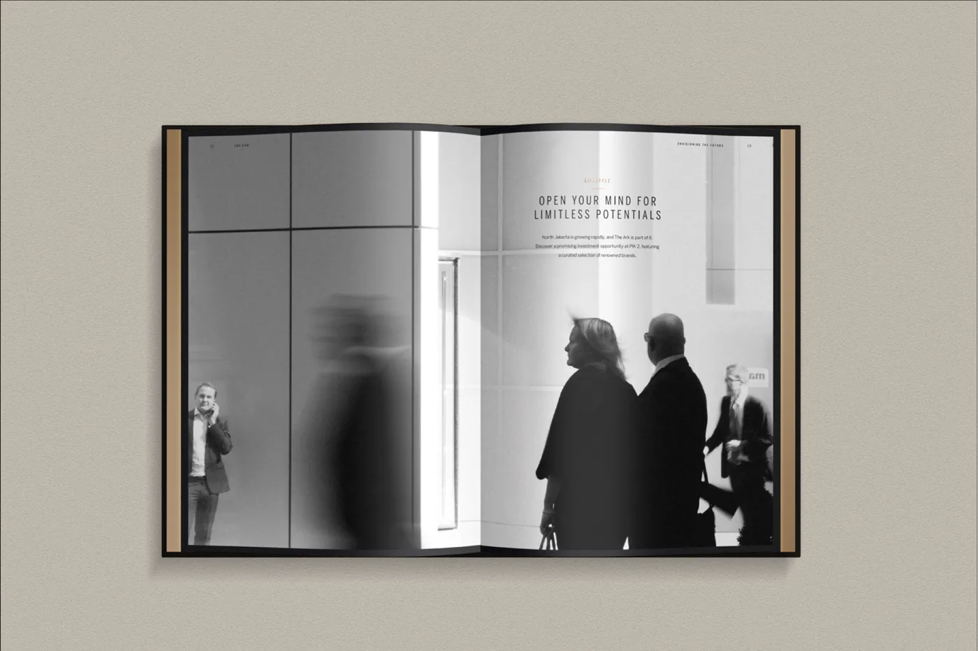 Brochure spread “Open your mind for limitless potentials” with silhouetted business people