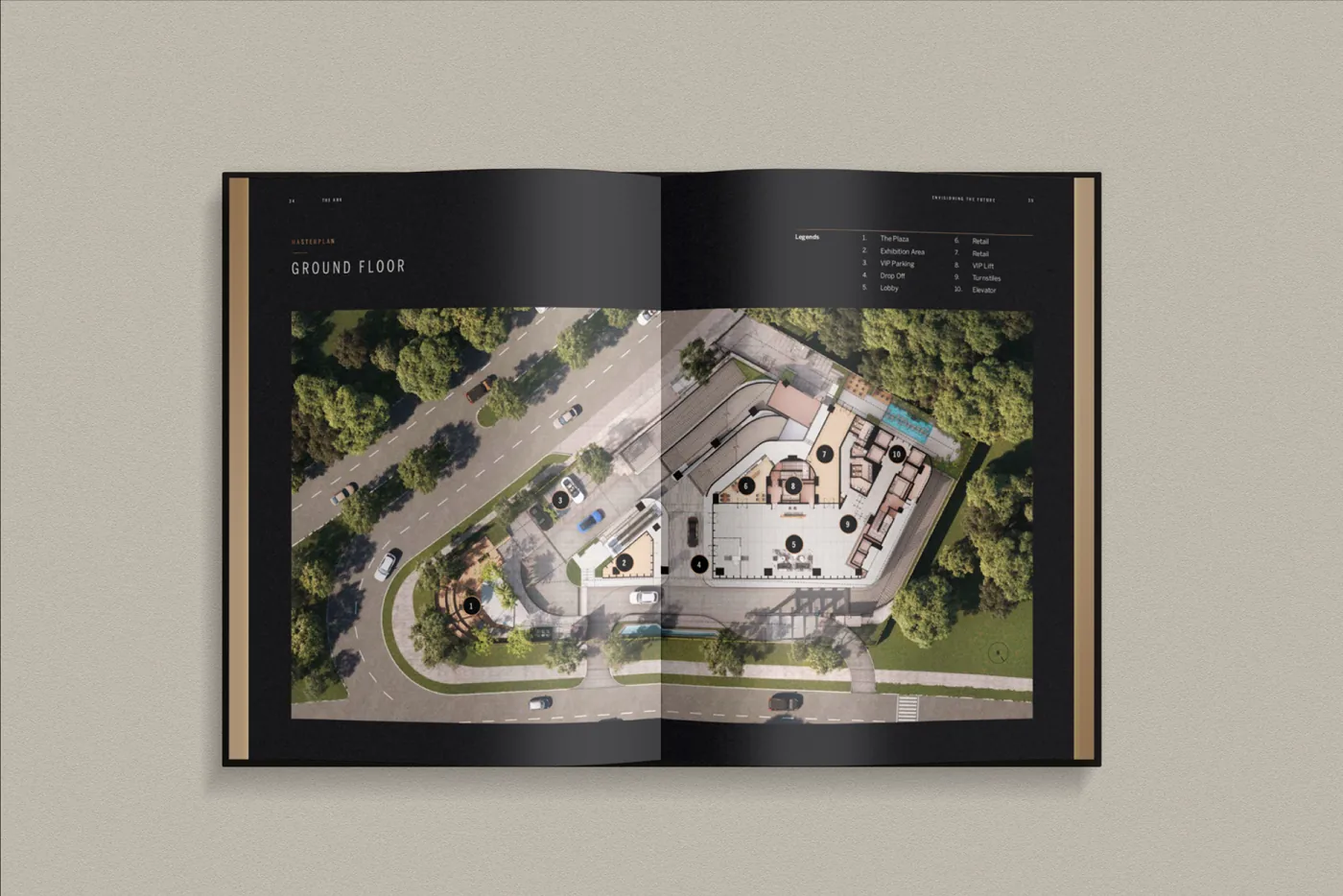 Brochure spread “Ground Floor” with an aerial site plan
