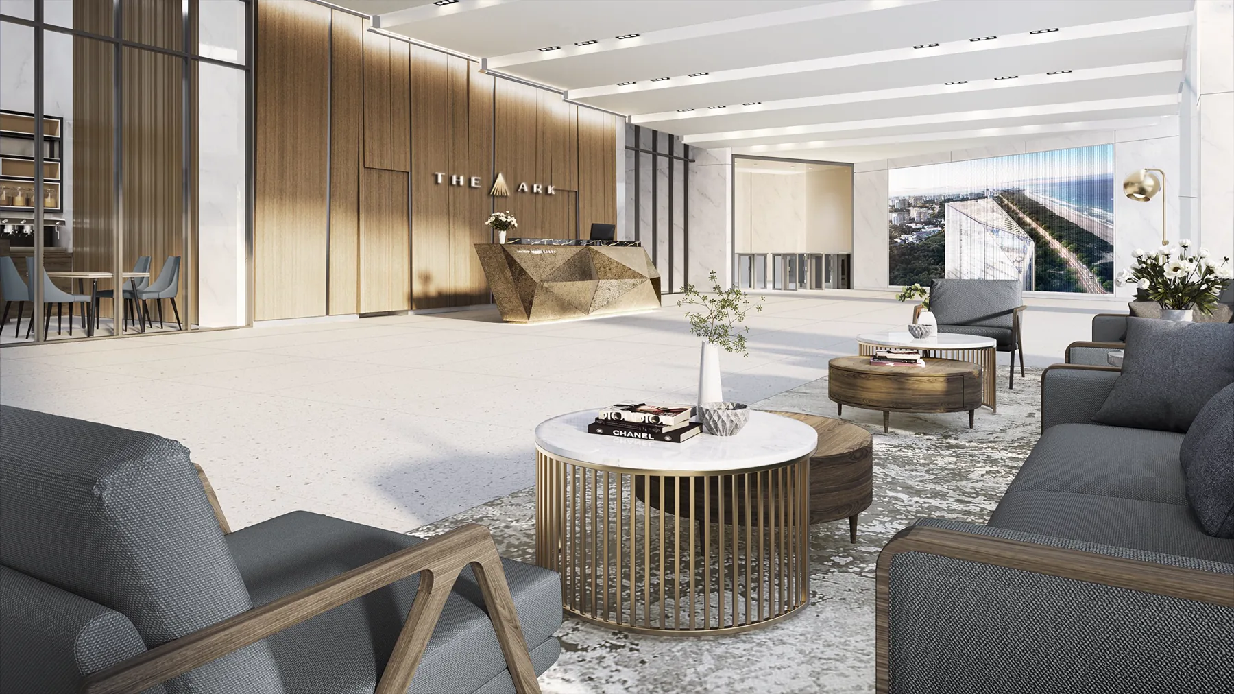 Rendering of The Ark lobby with a reception desk, lounge seating and a view of the coastline