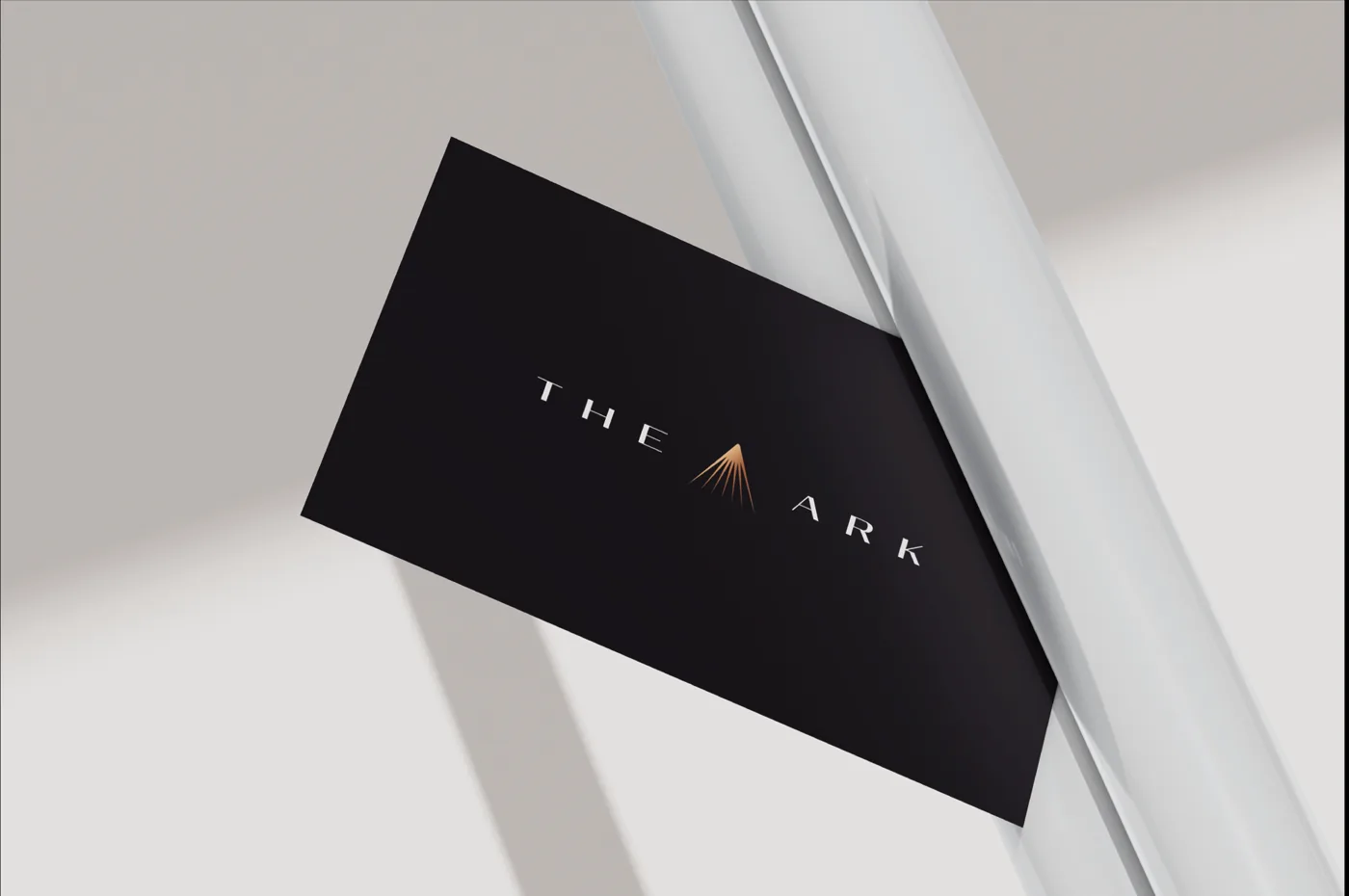 A black The Ark card with the copper-ray logo, lying diagonally on a light surface