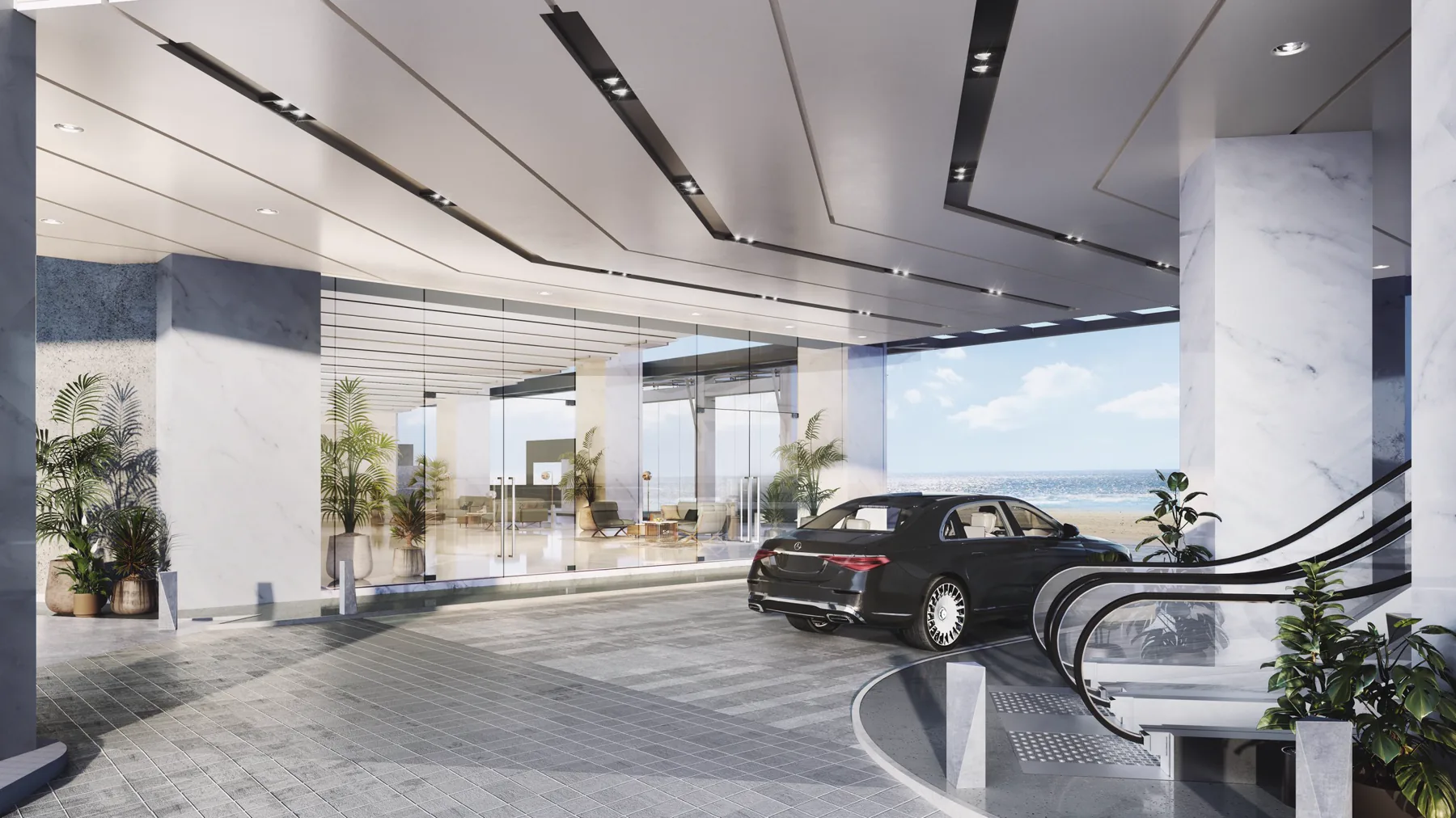 Rendering of a drop-off lobby where a black car pulls in beside planters and glass walls