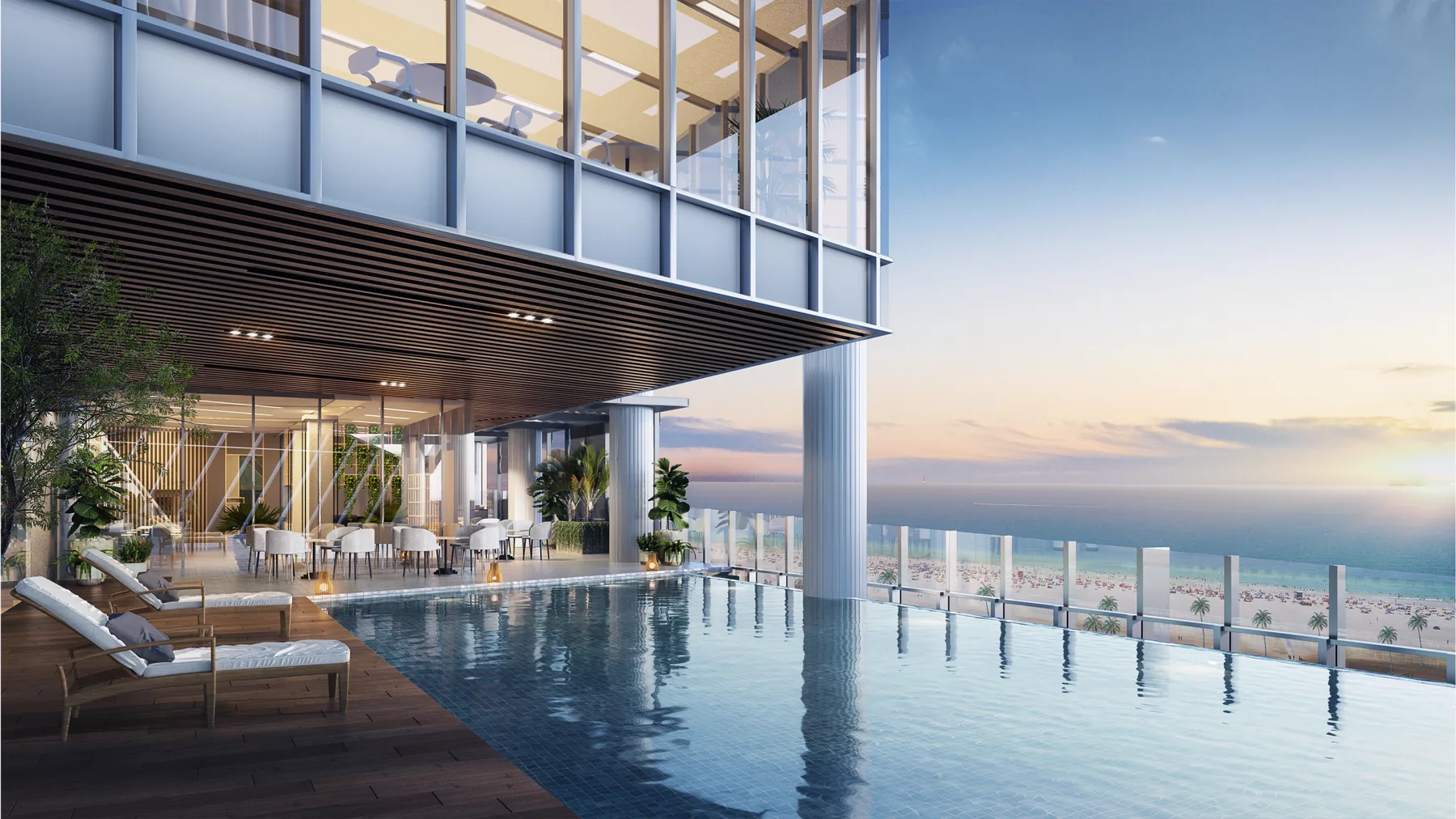 Rendering of a rooftop pool and lounge terrace overlooking the sea at dusk