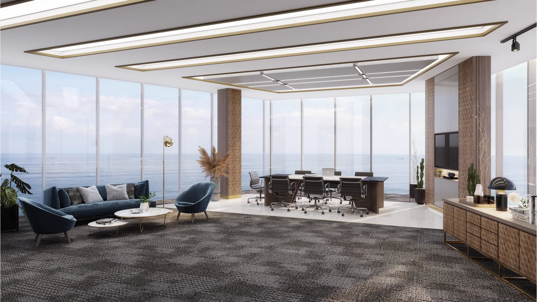 Rendering of a sky lobby meeting room with a long table and floor-to-ceiling sea views