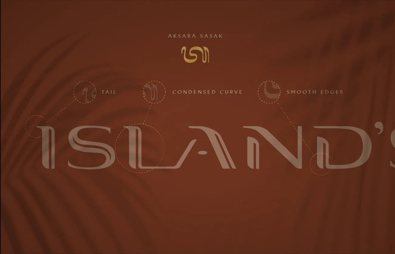 Logo rationale on terracotta: Sasak script tail, condensed curve and smooth edges
