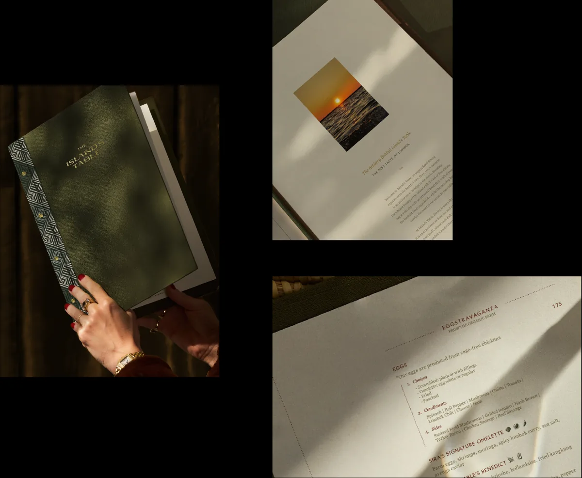 Menu cover held in hand beside printed menu pages
