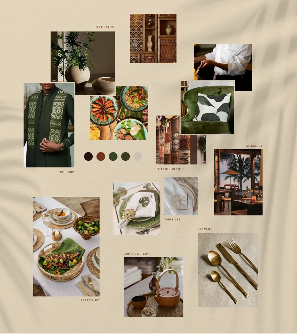 Moodboard of textiles, dishes, tableware and tropical details