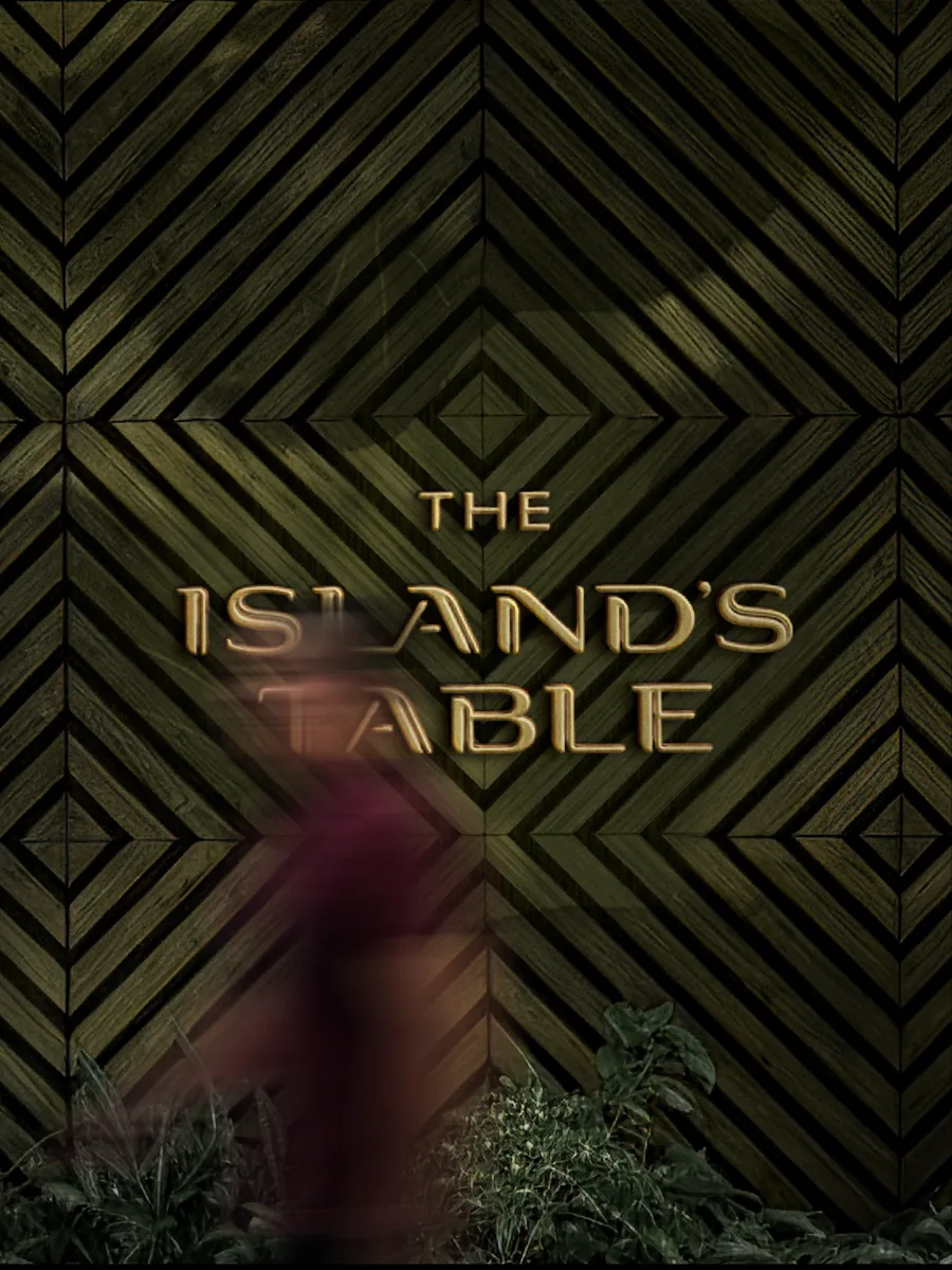 Green diamond-patterned wall with gold ISLAND’S TABLE signage