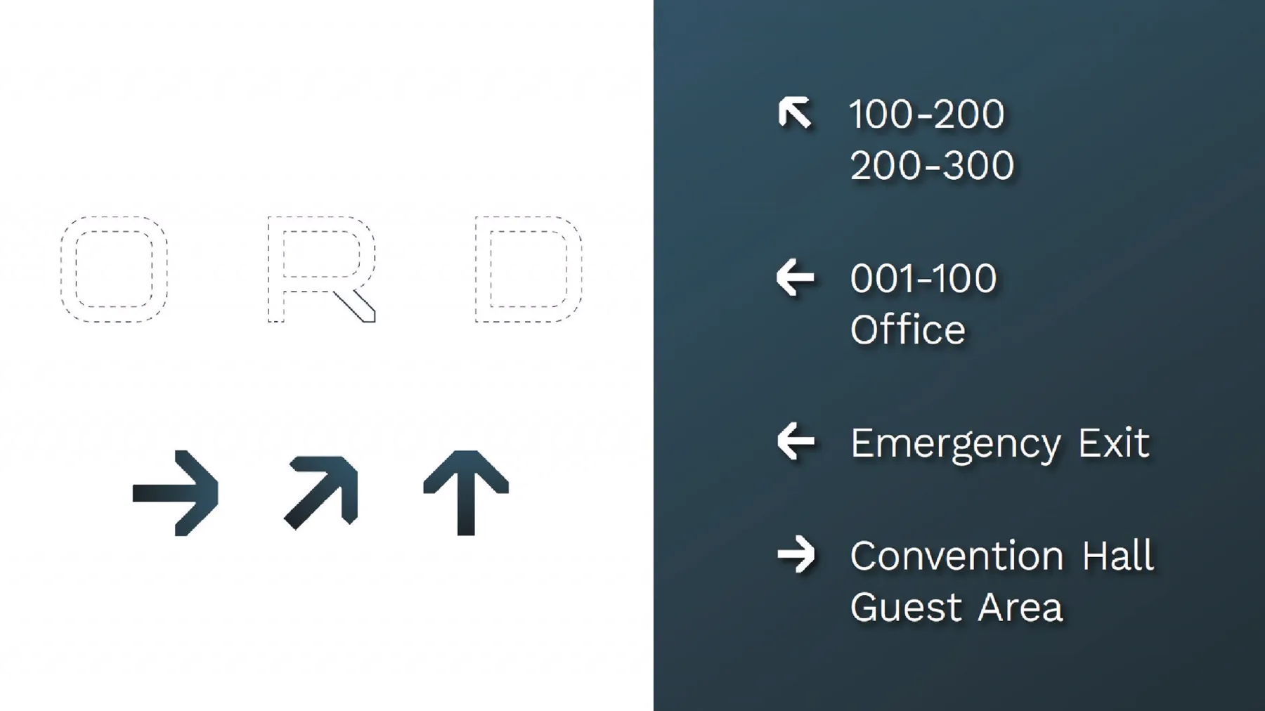 Wayfinding set: outlined letters, three arrows and a teal sign listing room numbers, Emergency Exit and Convention Hall