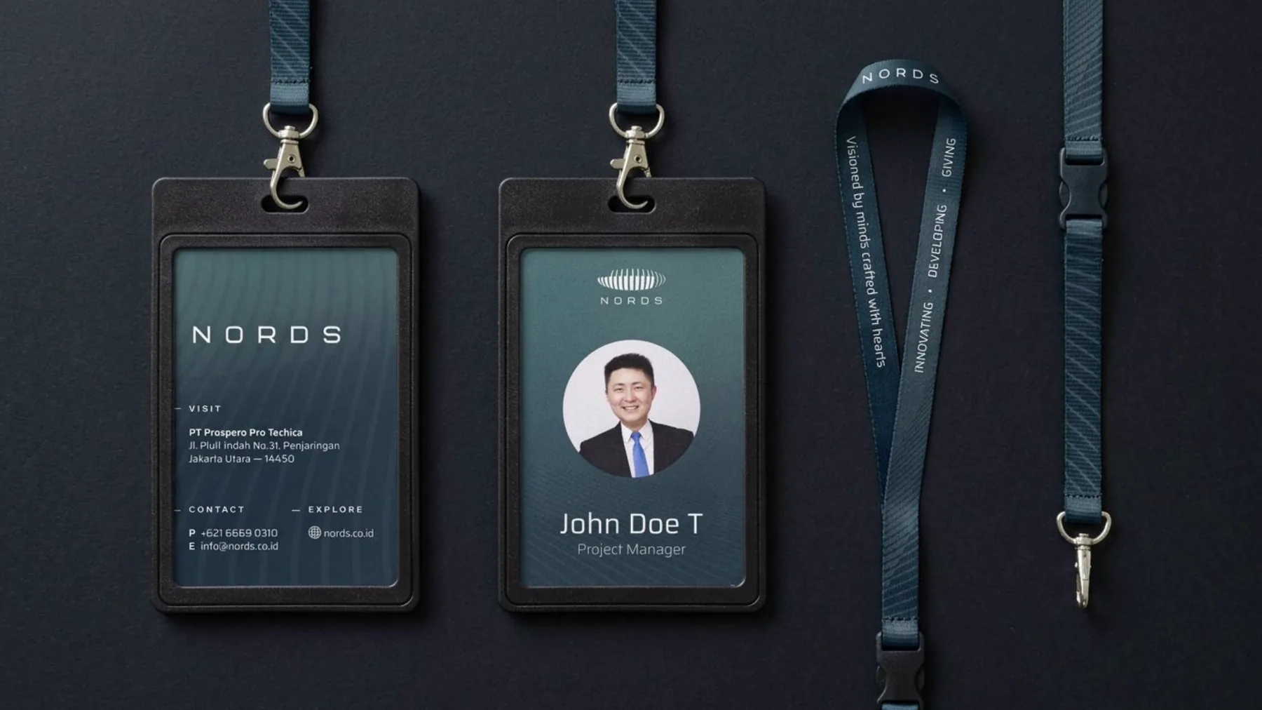 Two Nords ID cards on black lanyards, one with a staff photo
