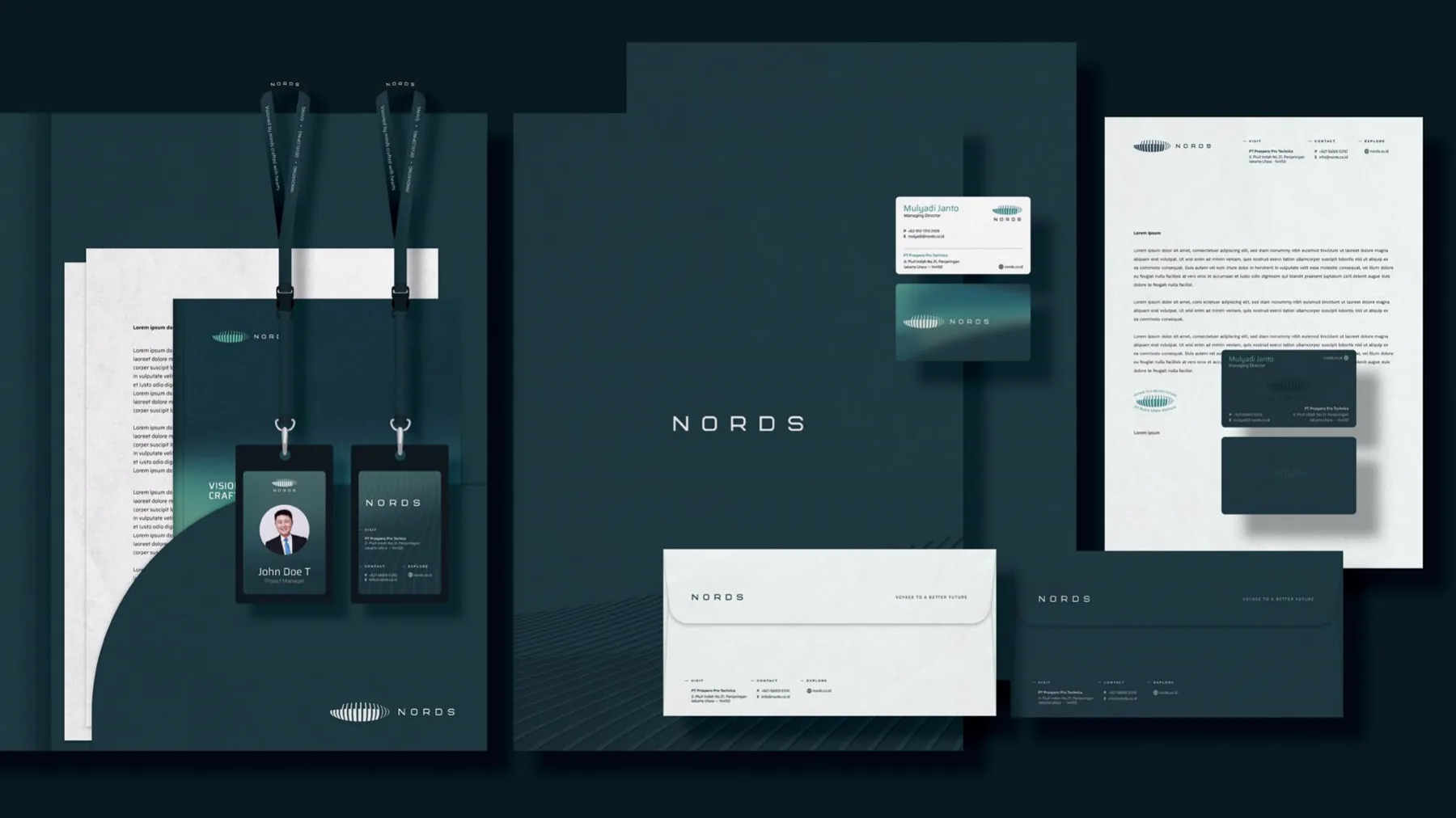 Nords stationery set in dark teal: ID cards, folder, letterhead, envelope and business cards