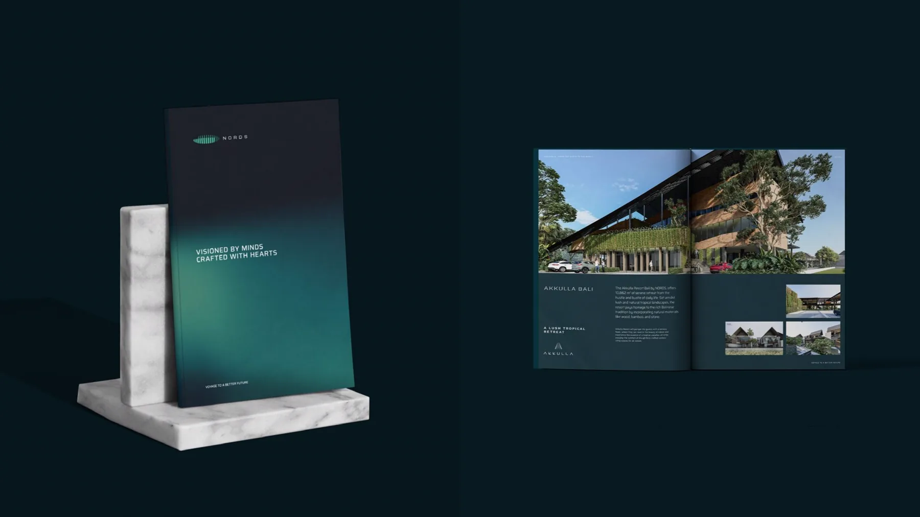 Nords brochure standing on a marble block beside an open spread