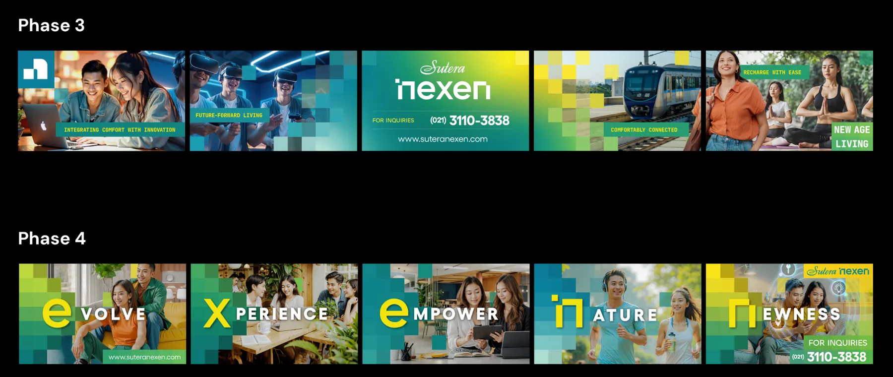 Banner layouts for campaign phases 3 and 4 with the headlines Evolve, Xperience, Empower, Nature and Newness, on black