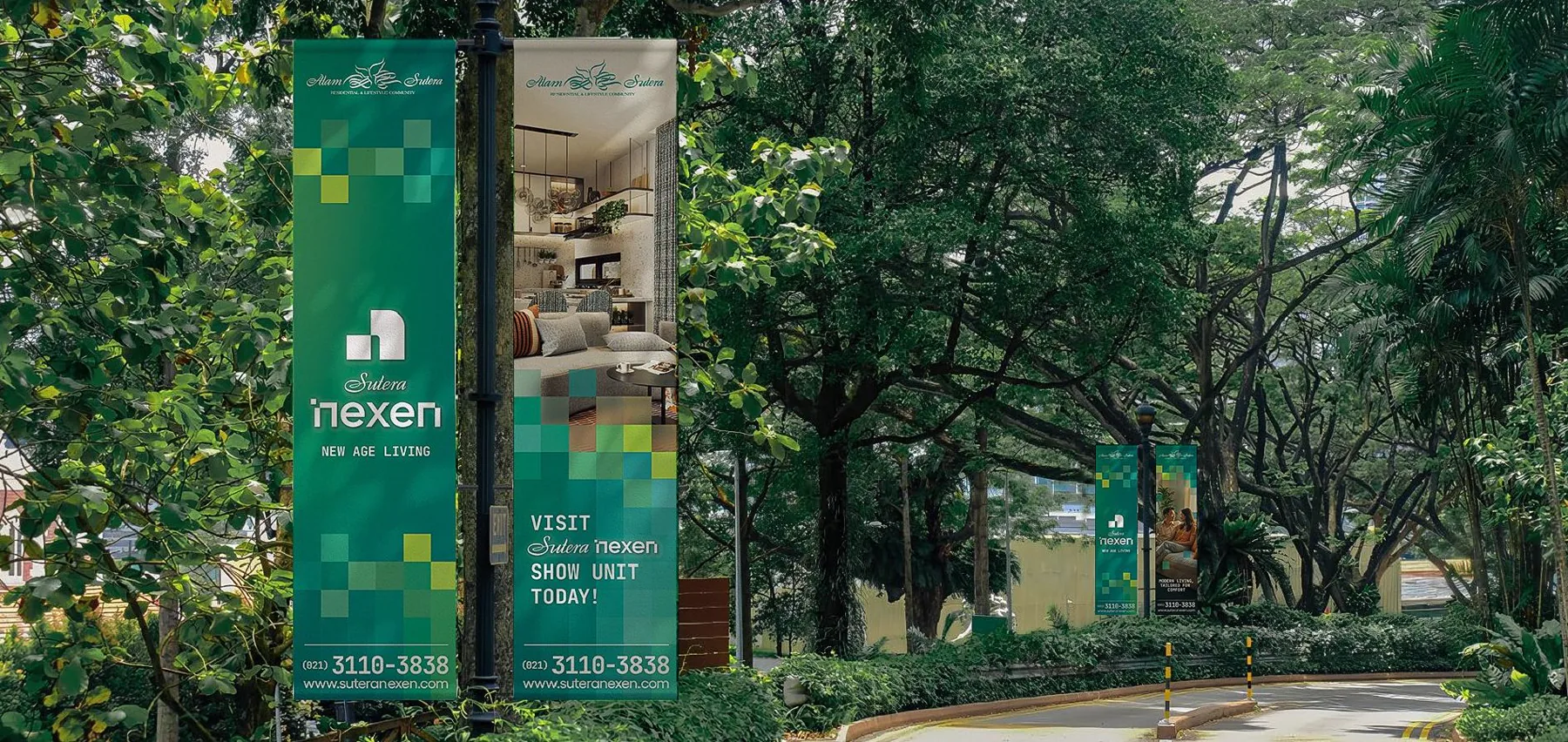 Tall Nexen street banners between trees, inviting visitors to the show unit