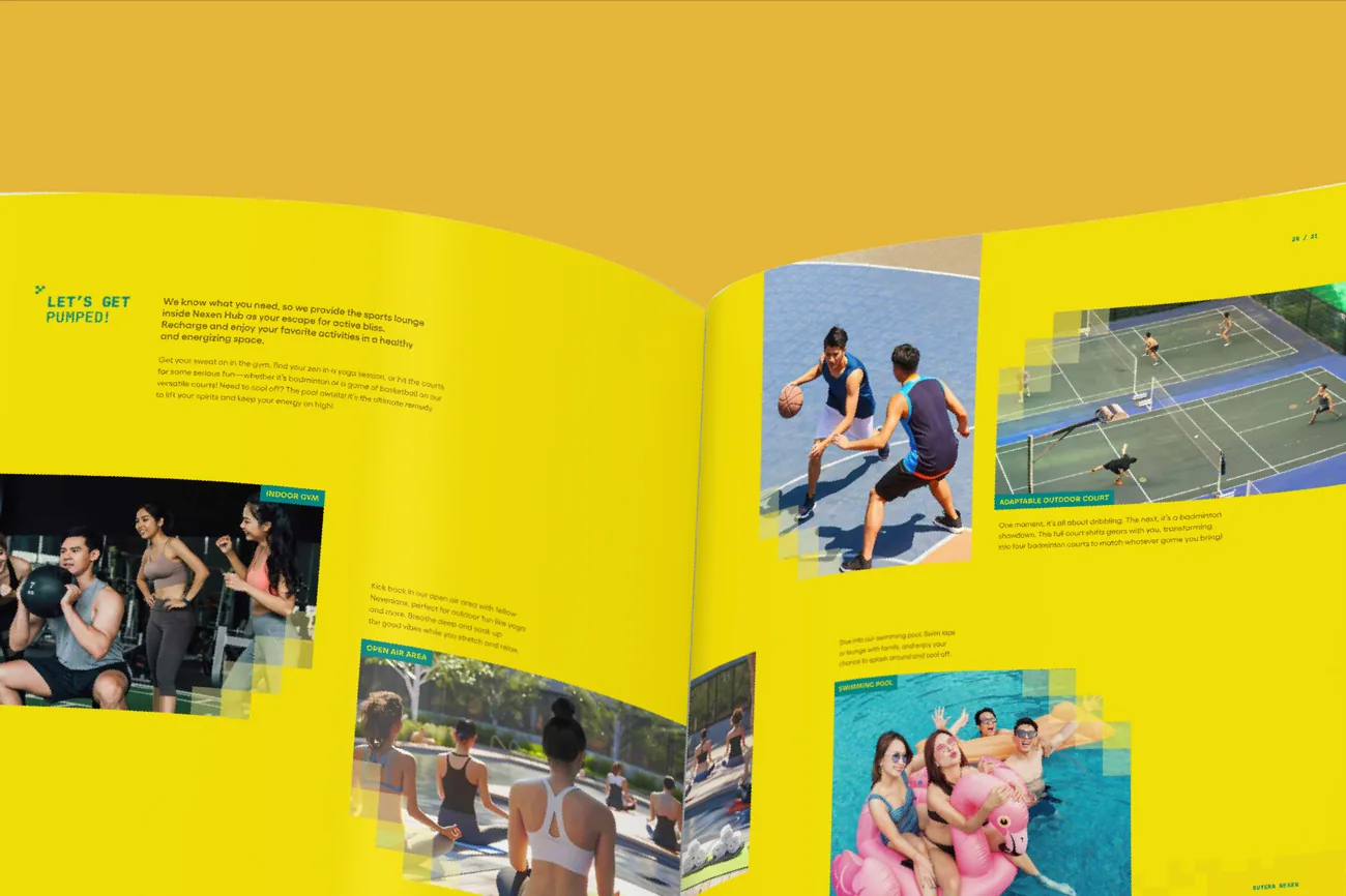 Open Nexen brochure on a yellow surface, with photos of a basketball court, a gym and a pool