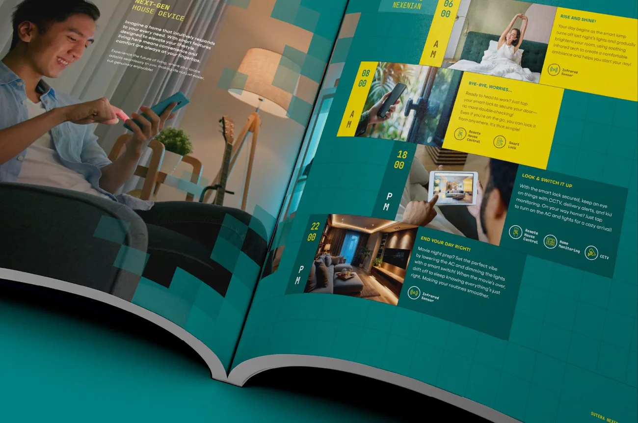 Open teal-and-yellow Nexen brochure showing interiors and a person using a phone