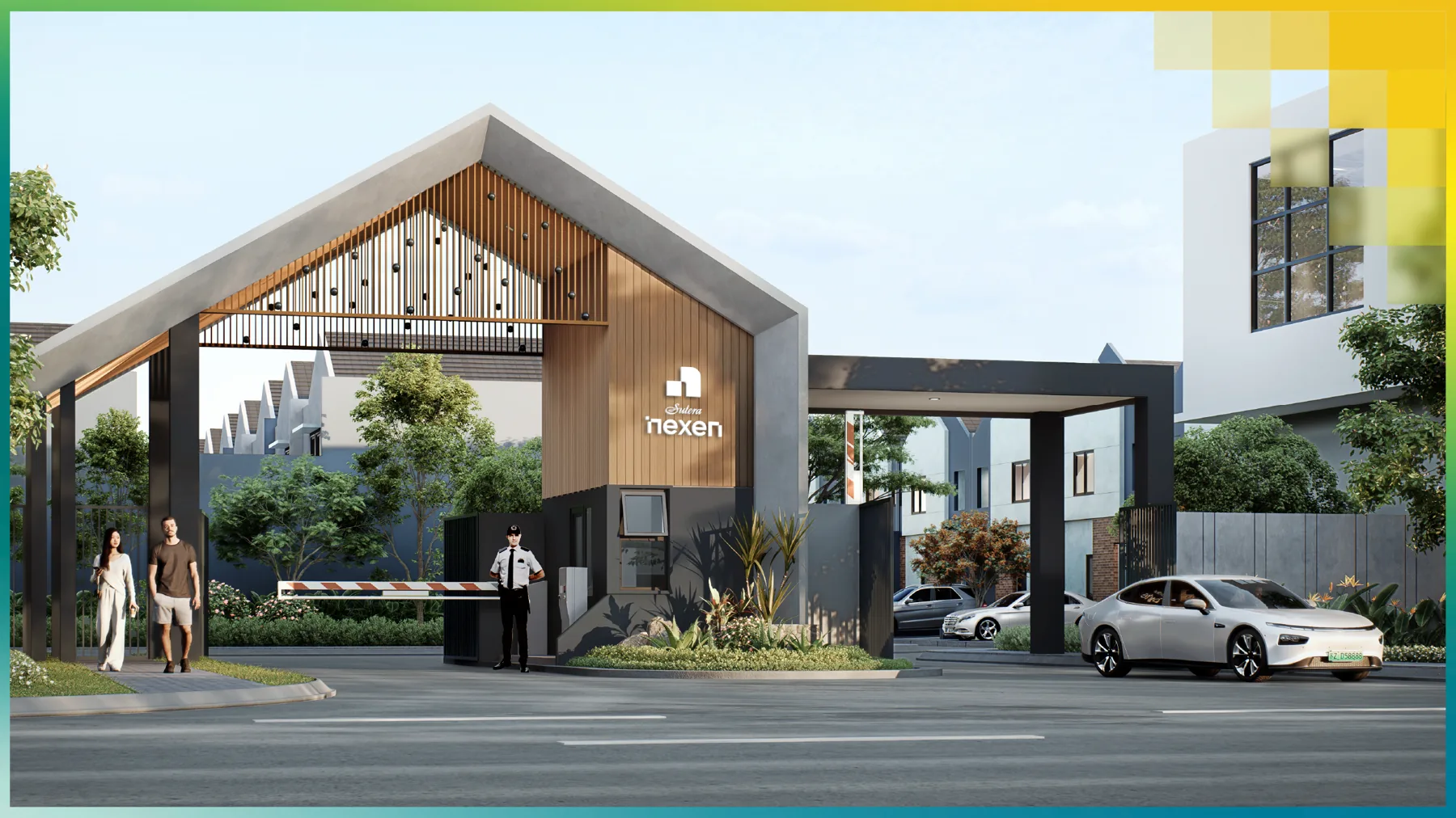 Rendering of the Sutera Nexen entrance gate: a gabled timber-and-concrete roof over the road, a security post and a car driving in