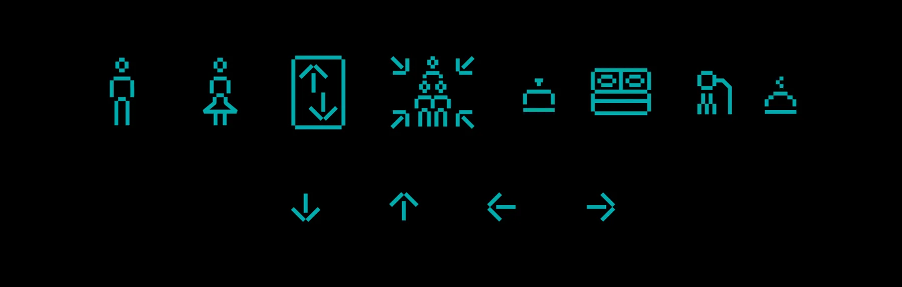 Set of teal wayfinding icons on a black background