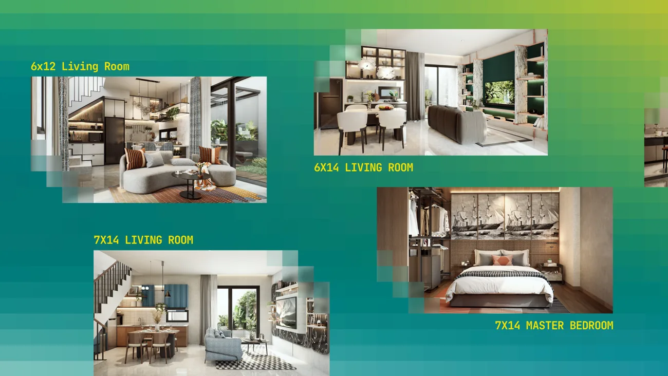 Pixel-gradient board of show-unit living rooms and the master bedroom, labelled 6x12, 6x14 and 7x14