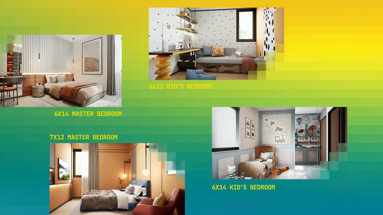 Pixel-gradient board of the kids’ and master bedrooms, labelled 6x14 and 7x12