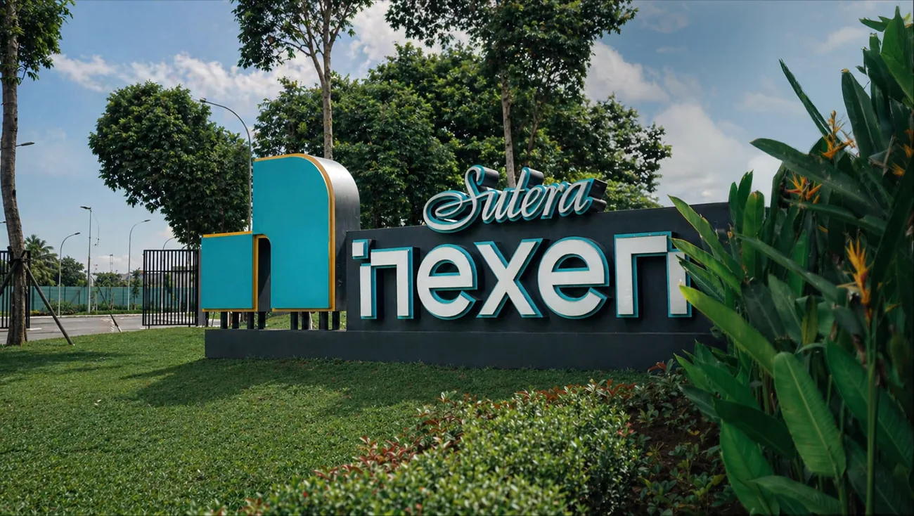 The Sutera Nexen sign from a lower angle, the teal N-shaped marker beside the letters