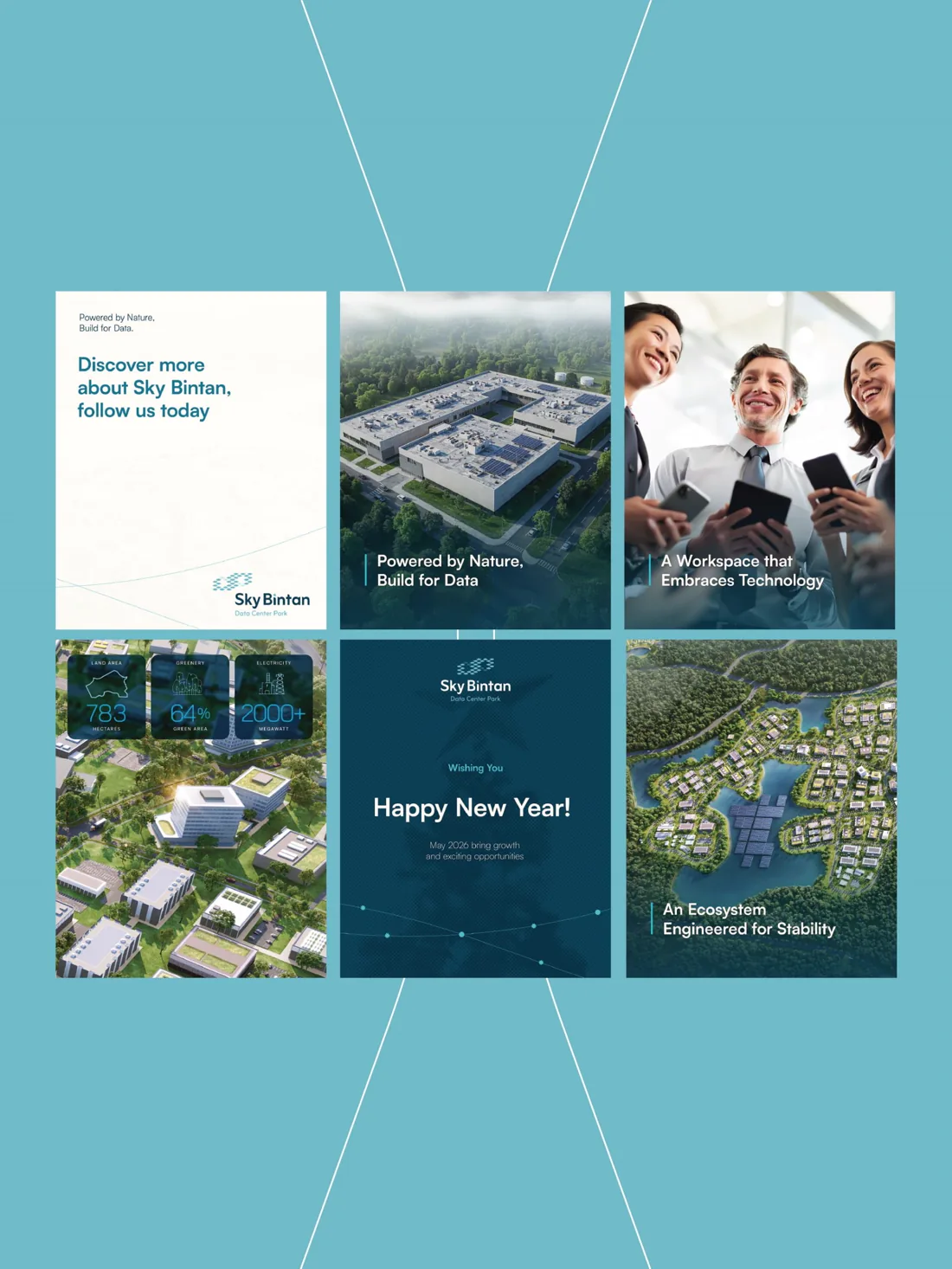 Social media tiles on light blue: data center photos, people and a “Happy New Year” greeting