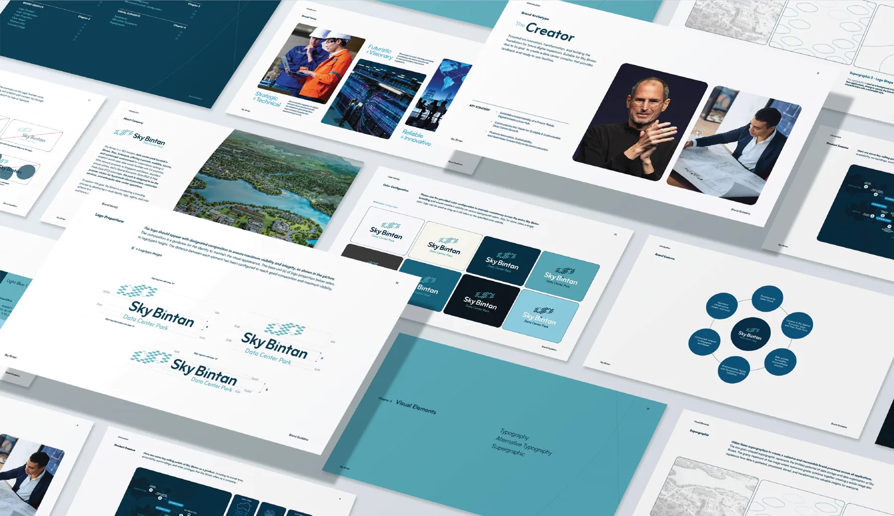 Brand guideline spreads with the Sky Bintan logo variations, photography and colour blocks
