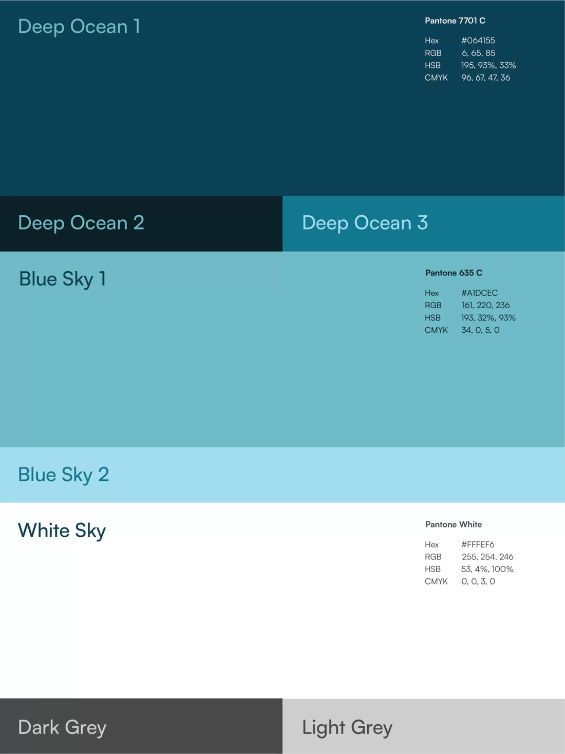 Sky Bintan colour palette: Deep Ocean 1 to 3, Blue Sky 1 and 2, White Sky, Dark Grey and Light Grey, with colour values