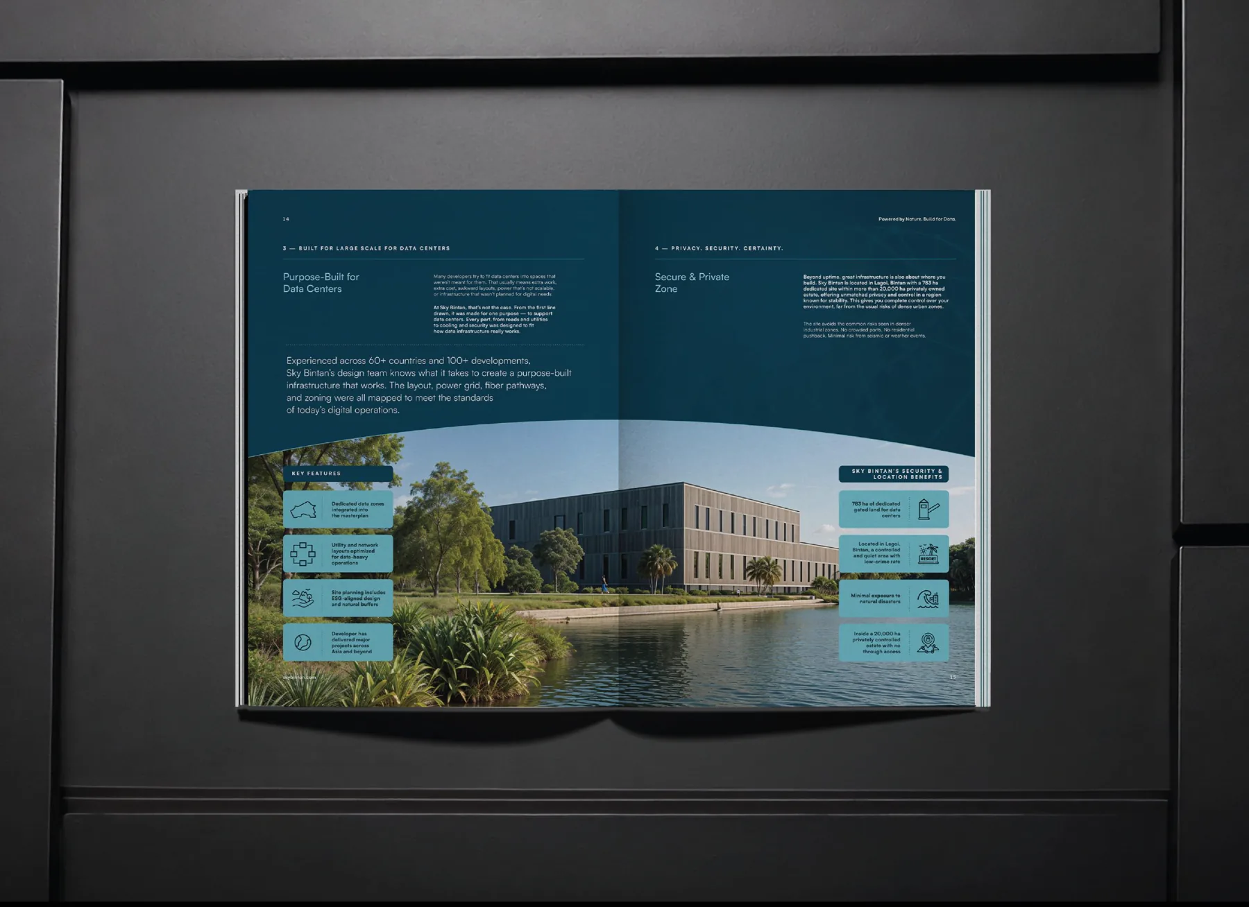 Open company profile spread with a lakeside data center photograph and information icons