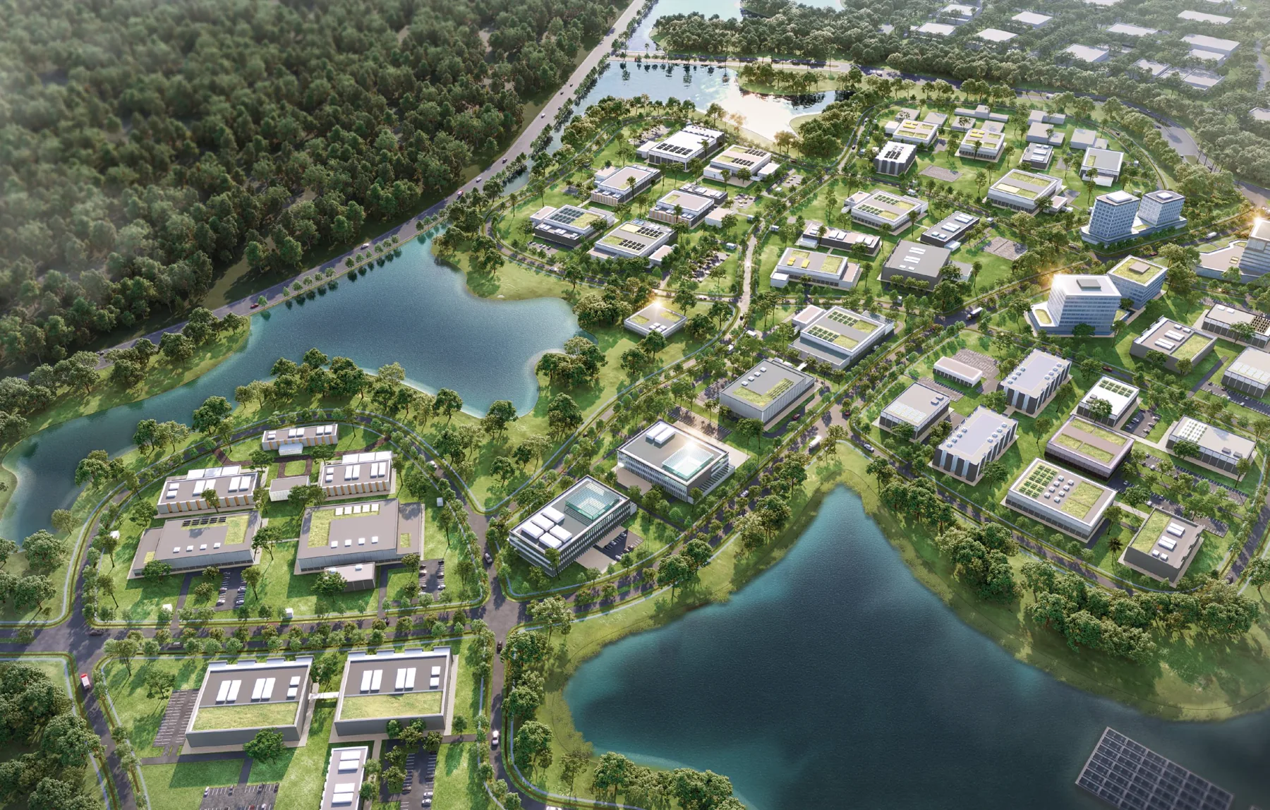 Aerial view of the Sky Bintan data center park: low buildings among lakes and forest