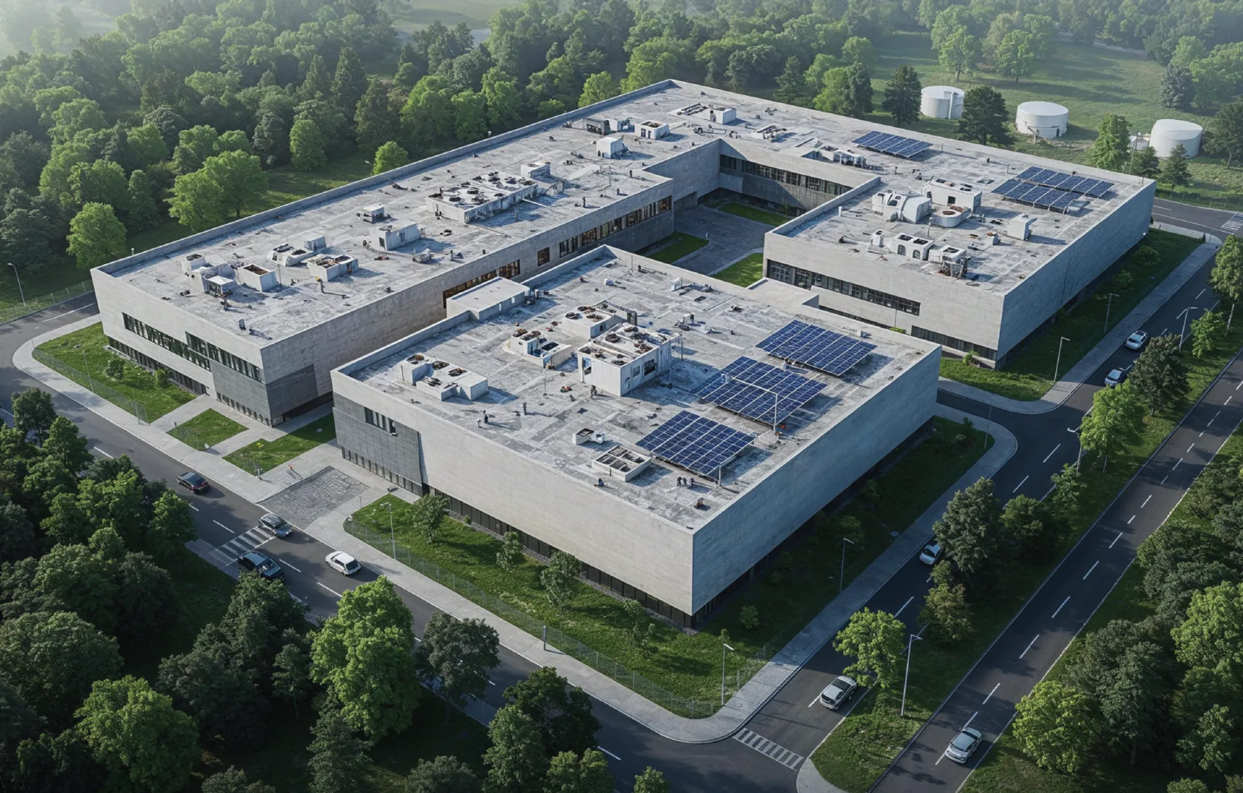 Aerial view of a large data center building with solar panels on its roof, surrounded by forest